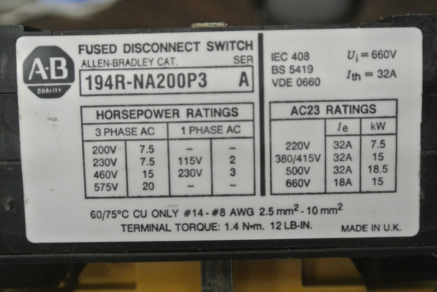 ALLEN-BRADLEY 194R-NA200P3 DISCONNECT SWITCH