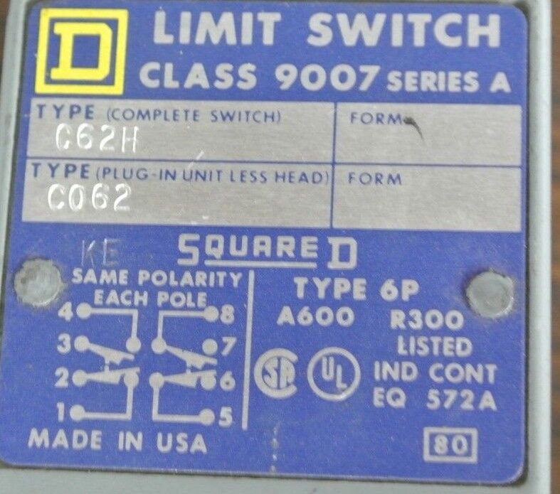 SQUARE D 9007C62H Ser. A - LIMIT SWITCH - NEW SURPLUS - 9007 C62H