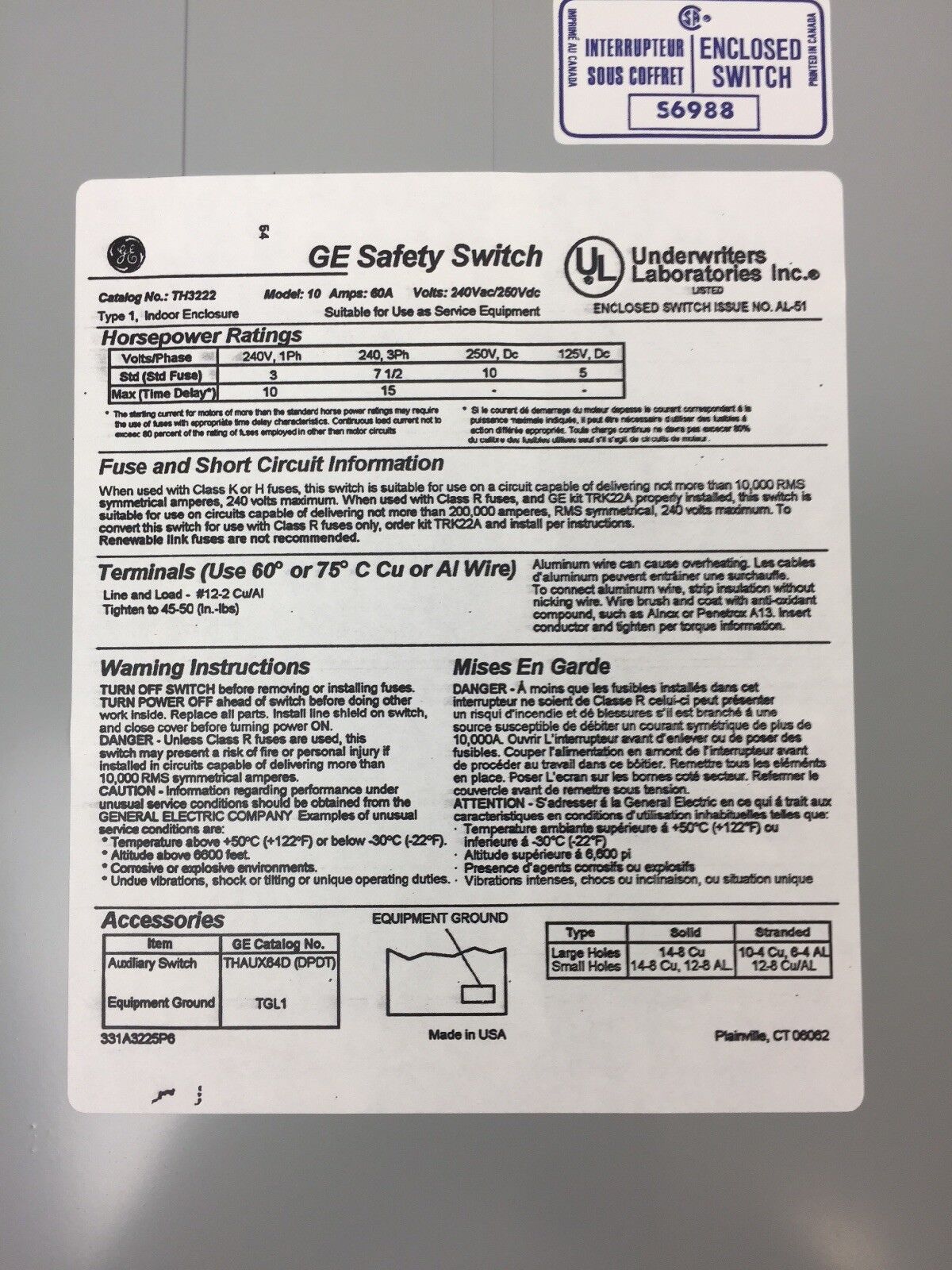 GE TH3222 HEAVY DUTY FUSIBLE SAFETY SWITCH 60AMPS 240VAC 250VDC 15HP 2P MODEL 10