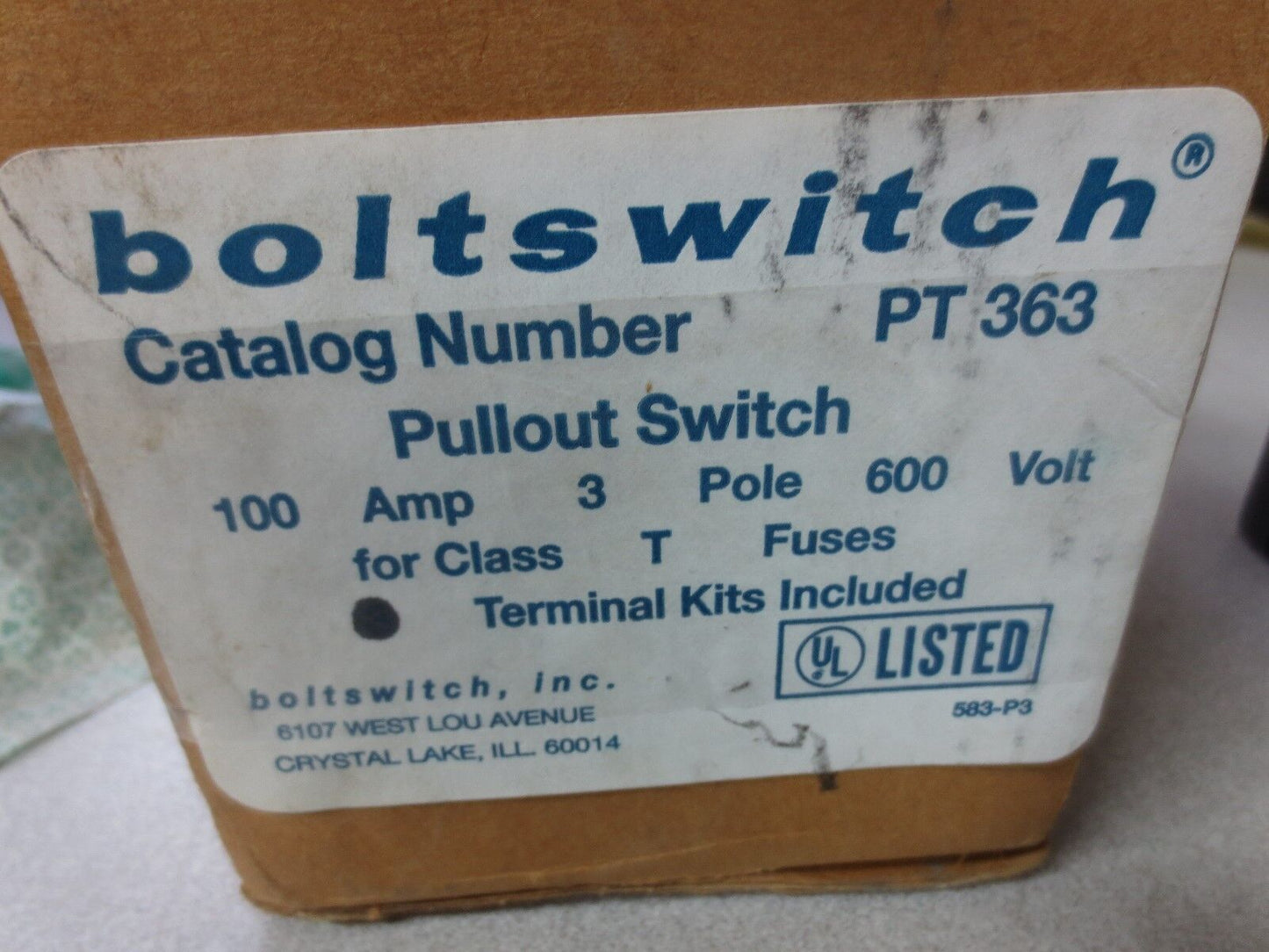 BOLTSWITCH PT363 PULLOUT SWITCH - 100A, 600V, 3-POLE - NEW SURPLUS - PT-363