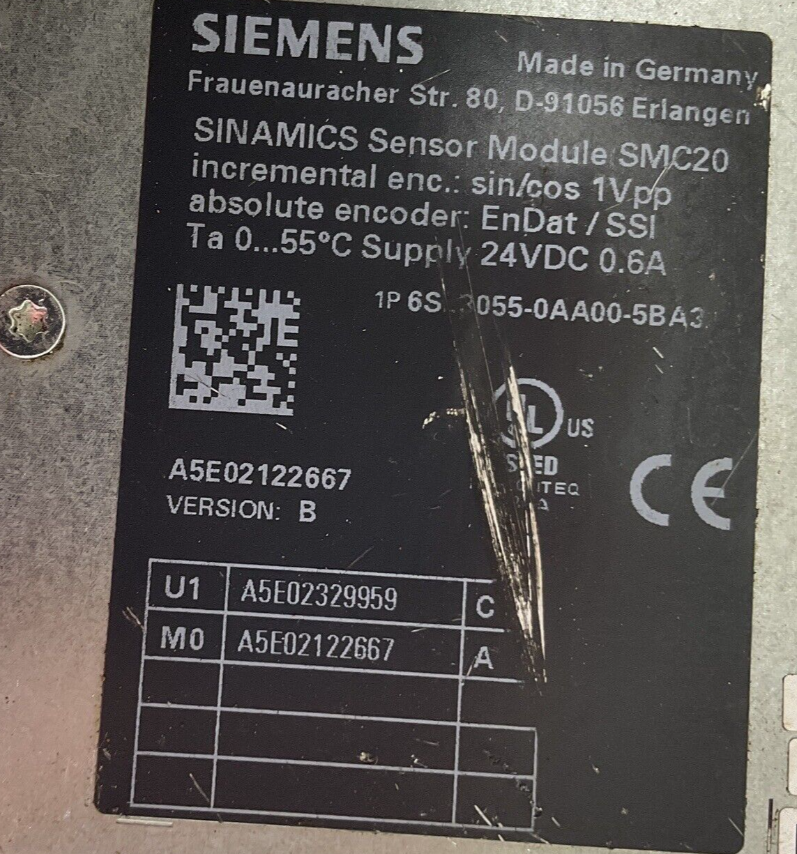 SIEMENS 6SL3055-0AA00-5BA3 SENSOR MODULE VER.B 24VDC