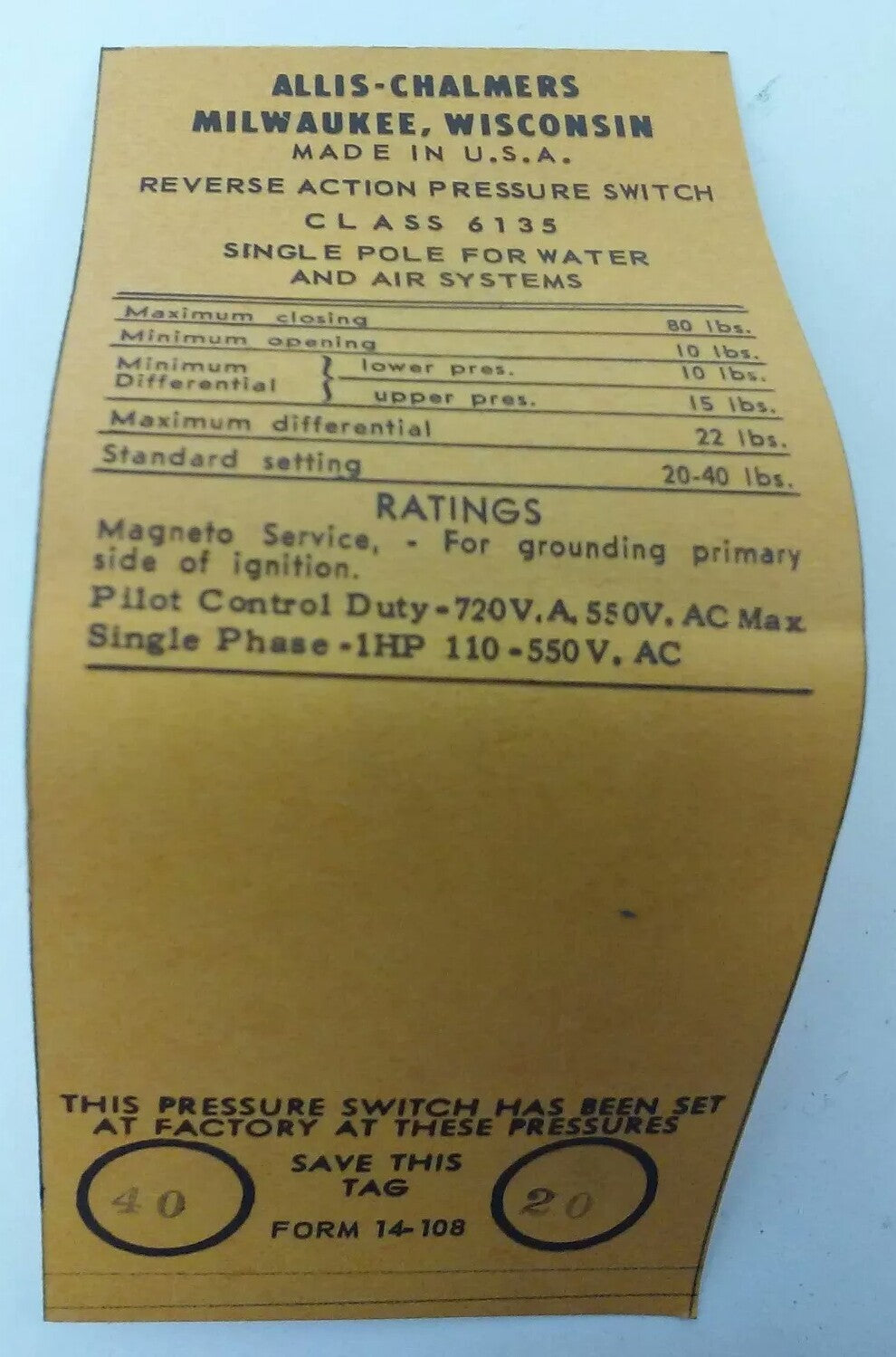ALLIS CHALMERS CLASS 6135 14-961-350-48-115 PRESSURE SWITCH, 550V,NEW SURPLUS,