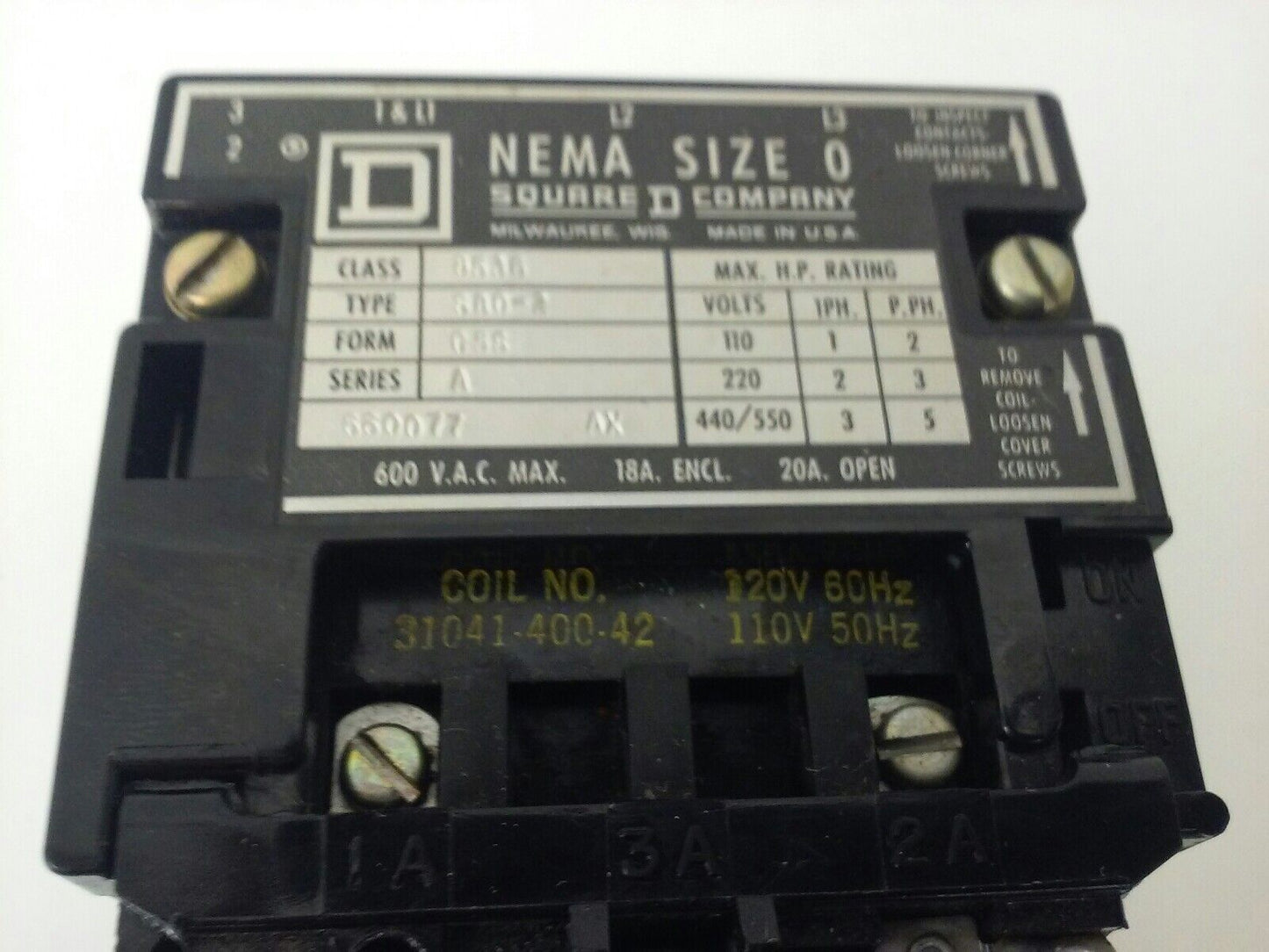SQUARE D CLASS 8536, TYPE SB0-2,STARTER, 3PH,600V,20A,5HP,SIZE 0,120V COIL,USED
