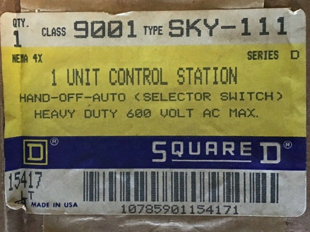 SQUARE D 9001 SKY-111 CONTROL STATION SER.D SELECTOR SWITCH 600VAC
