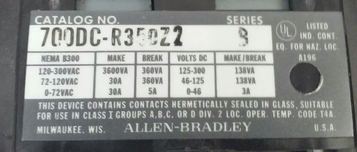 ALLEN BRADLEY 700DC-R350Z2 SER.B, 300V, 30A, 230-250V DC COIL, MISSING PARTS