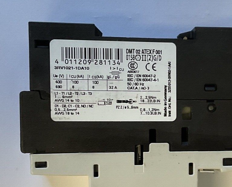SIEMENS 3RV1021-1DA10 MANUAL MOTOR STARTER 42A 2.2-3.2A CLASS 10