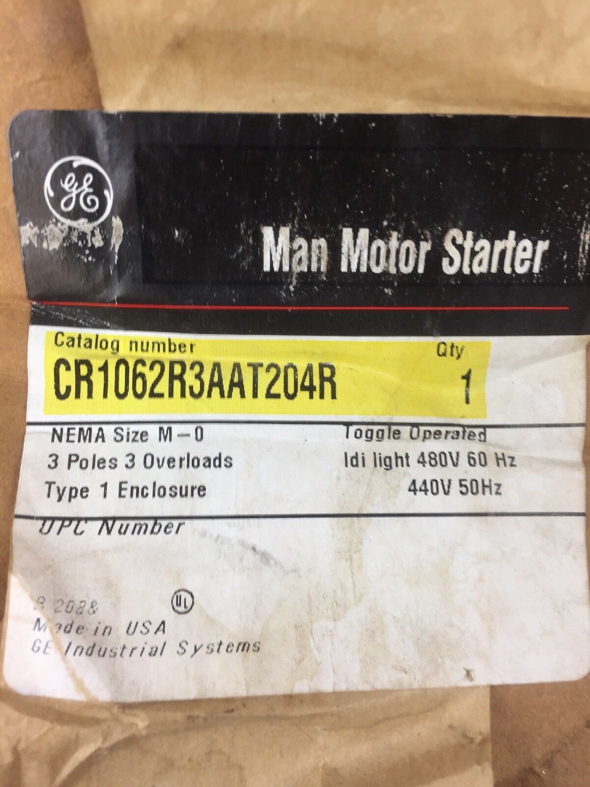 GE CR1062R3AAT204R MAN MOTOR STARTER NEMA SIZE M-0 3 POLES/OVERLOADS 480V 60HZ