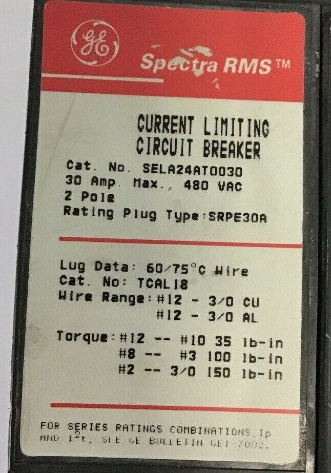 GE SELA24AT0030 CURRENT LIMITING CIRCUIT BREAKER 30A 480VAC 2POLE W/O TRIP