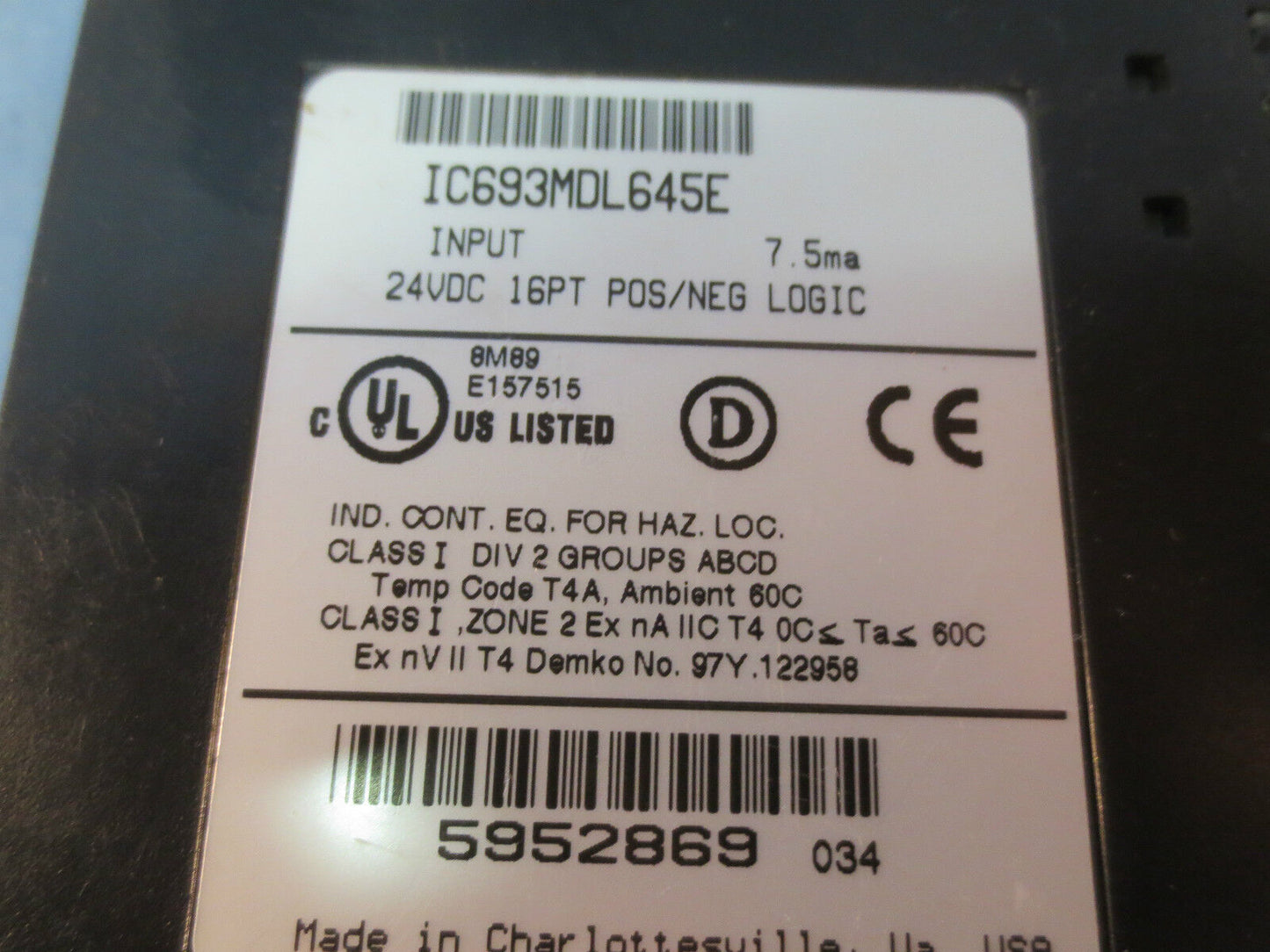 GE FANUC IC693MDL645E INPUT MODULE 24VDC 16PT POS/NEG LOGIC - 5952869