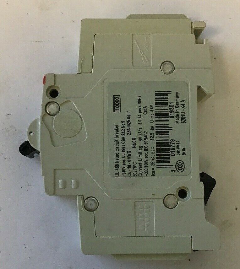 ABB S201U-K4A Circuit Breaker 1 Pole 4A 240VAC 50/60Hz DIN Rail Mount