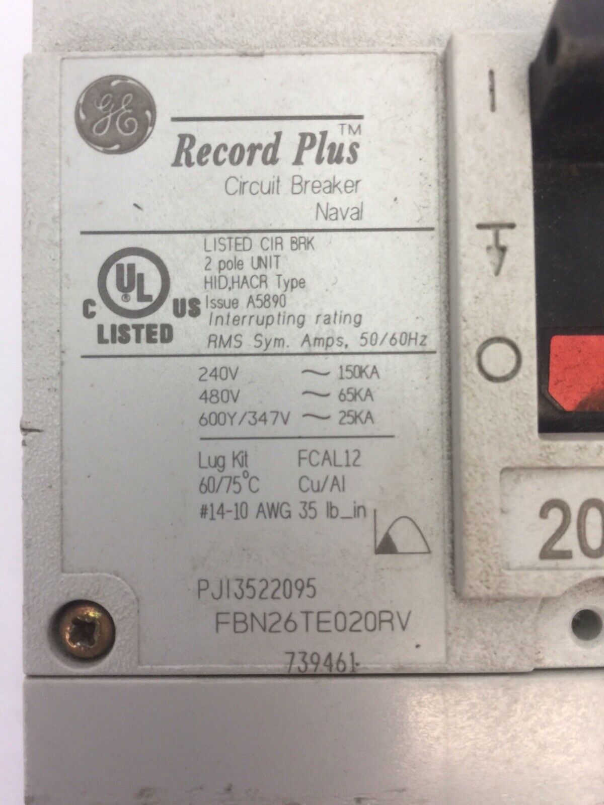 GE FBN26TE020RV RECORD PLUS CIRCUIT BREAKER 20A 240/480VAC 600Y/347VAC 50/60HZ