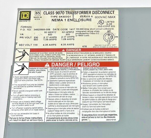 SQUARE D - SK500G1 - CLASS 9070 TRANSFORMER DISCONNECT - 9070TF500D1 TRANSFORMER