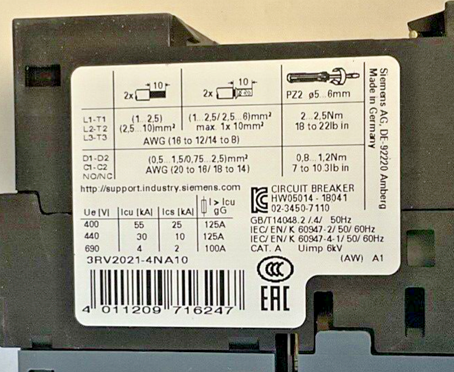 SIEMENS 3RV2021-4NA10 MOTOR CONTROL 23-28A