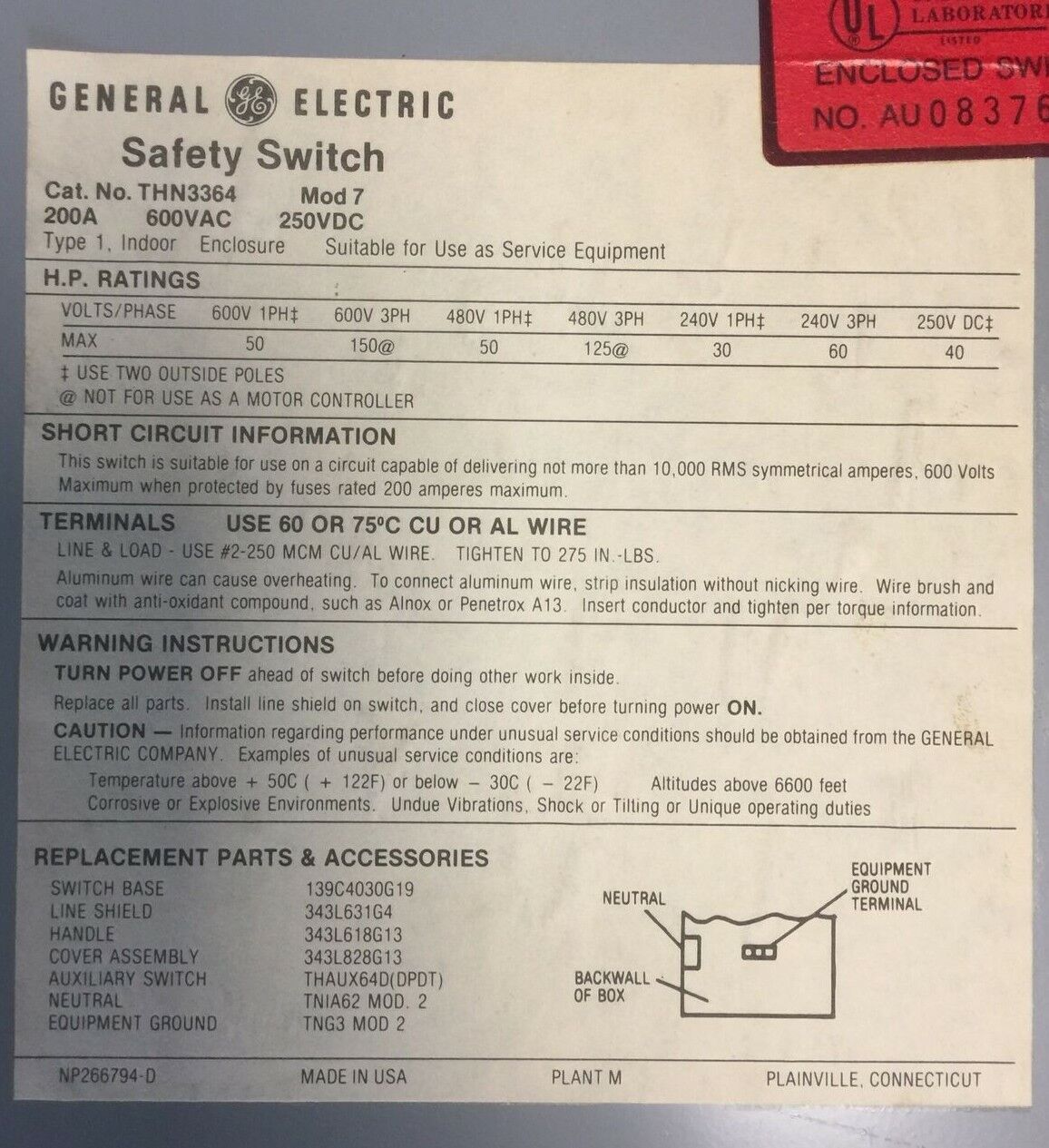 GE THN3364 SAFETY SWITCH 200AMP 250VDC 600VAC 150HP 3 PHASE NON-FUSIBLE MODEL 7