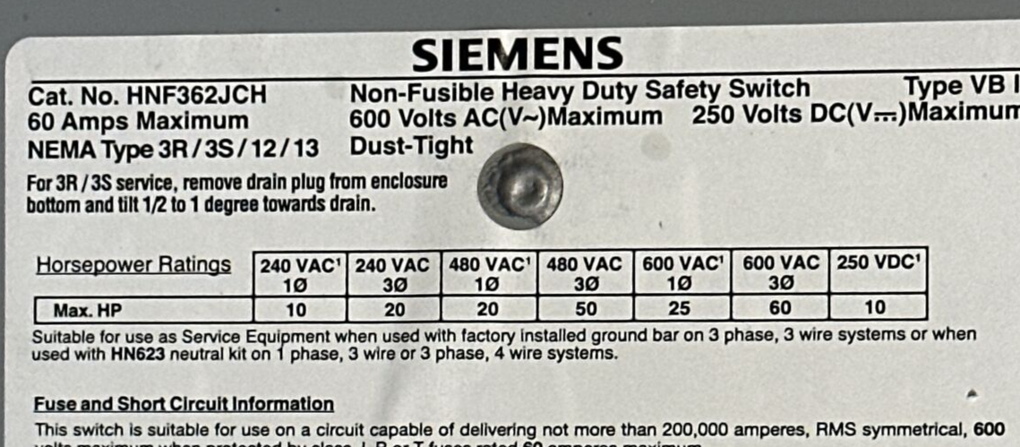 SIEMENS HNF362JCH NON-FUSIBLE HD SAFETY SWITCH TYPE 60A 600VAC 250VDC