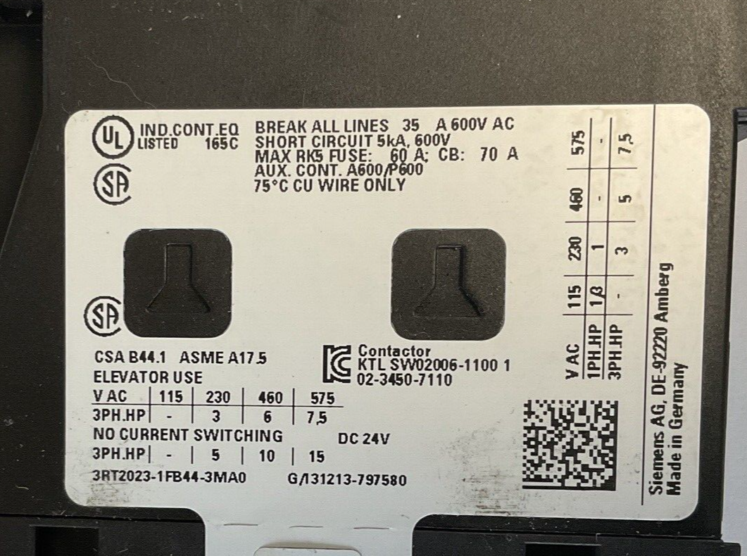 SIEMENS 3RT2023-1FB44-3MA0 CONTACTORS 24VDC 35A