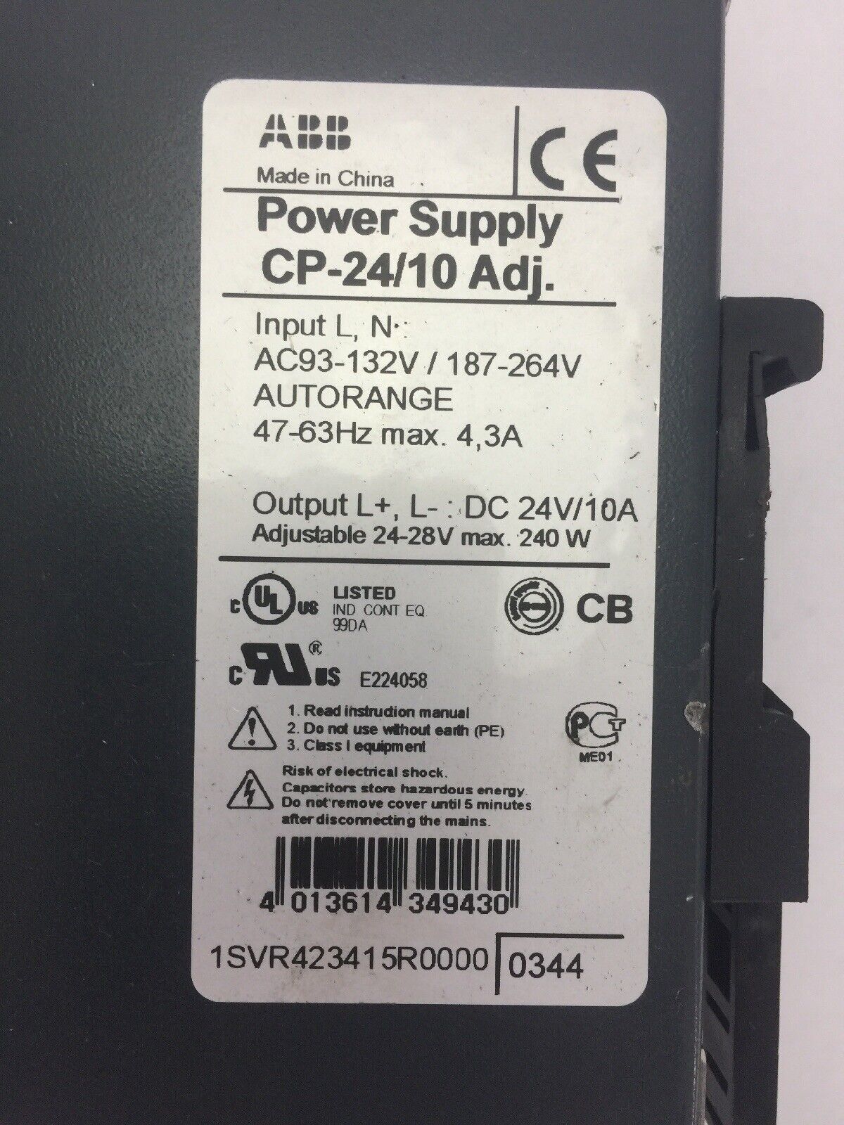 ABB CP-24/10 POWER SUPPLY INPUT 93-132/187-264VAC 47-63HZ 4.3A OUTPUT 24VDC 10A