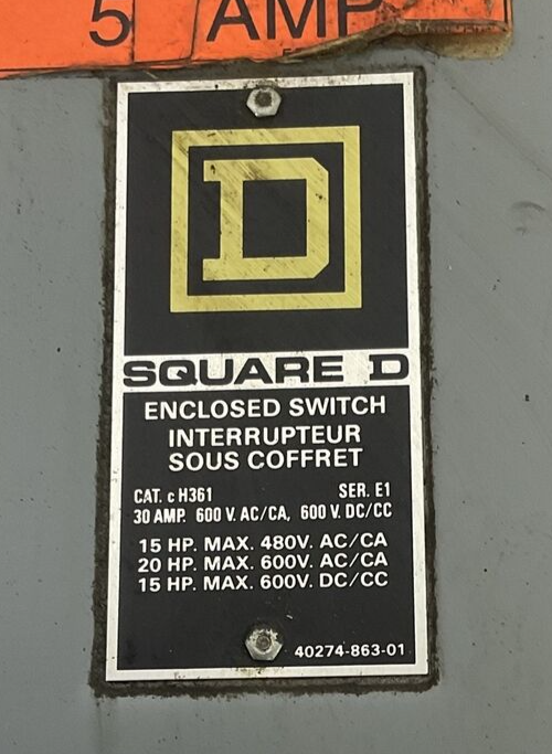 SQUARE D CH361 ENCLOSED SWITCH 30A 600VAC FUSIBLE SER.E1