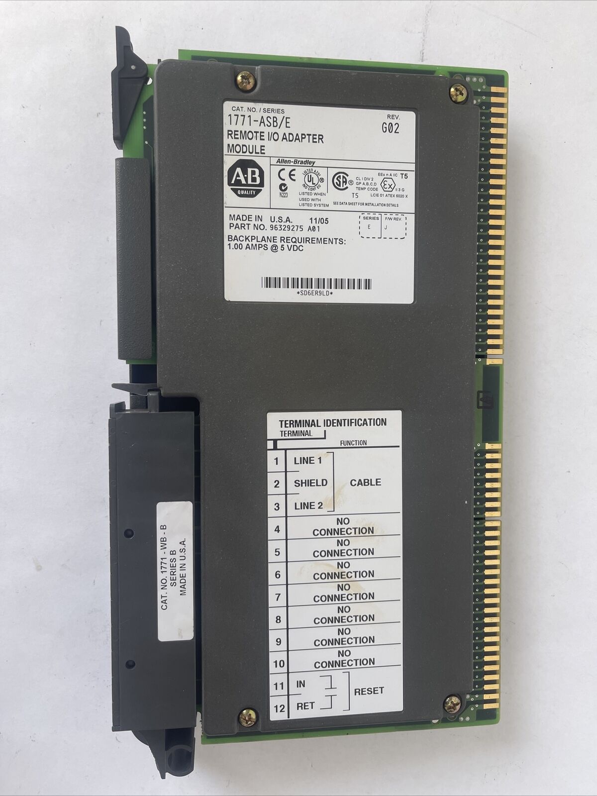 ALLEN BRADLEY 1771-ASB REMOTE I/O ADAPTER MODULE SERIES E REV G02 5VDC F/W REV J