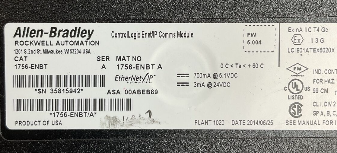 ALLEN BRADLEY 1756-ENBT SER A FW 6.004 CONTROL LOGIX ENET/IP COMMS MODULE