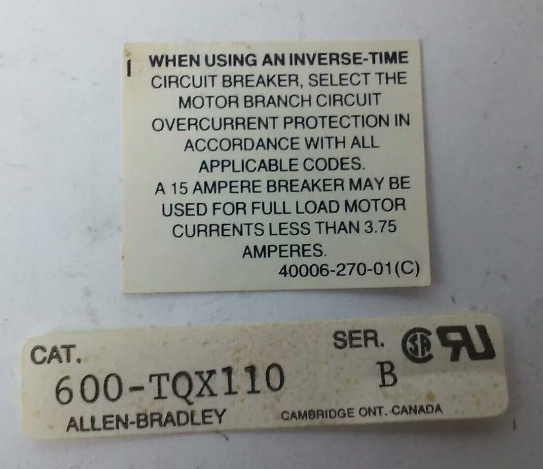 ALLEN BRADELY 600-TQX110 SER.B, MANUAL MOTOR STARTER 240V, NO KEY
