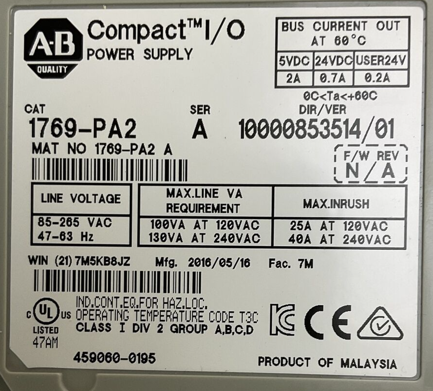 ALLEN BRADLEY 1769-PA2 SER A DIR/REV 10000853514/01 F/W REV N/A POWER SUPPLY