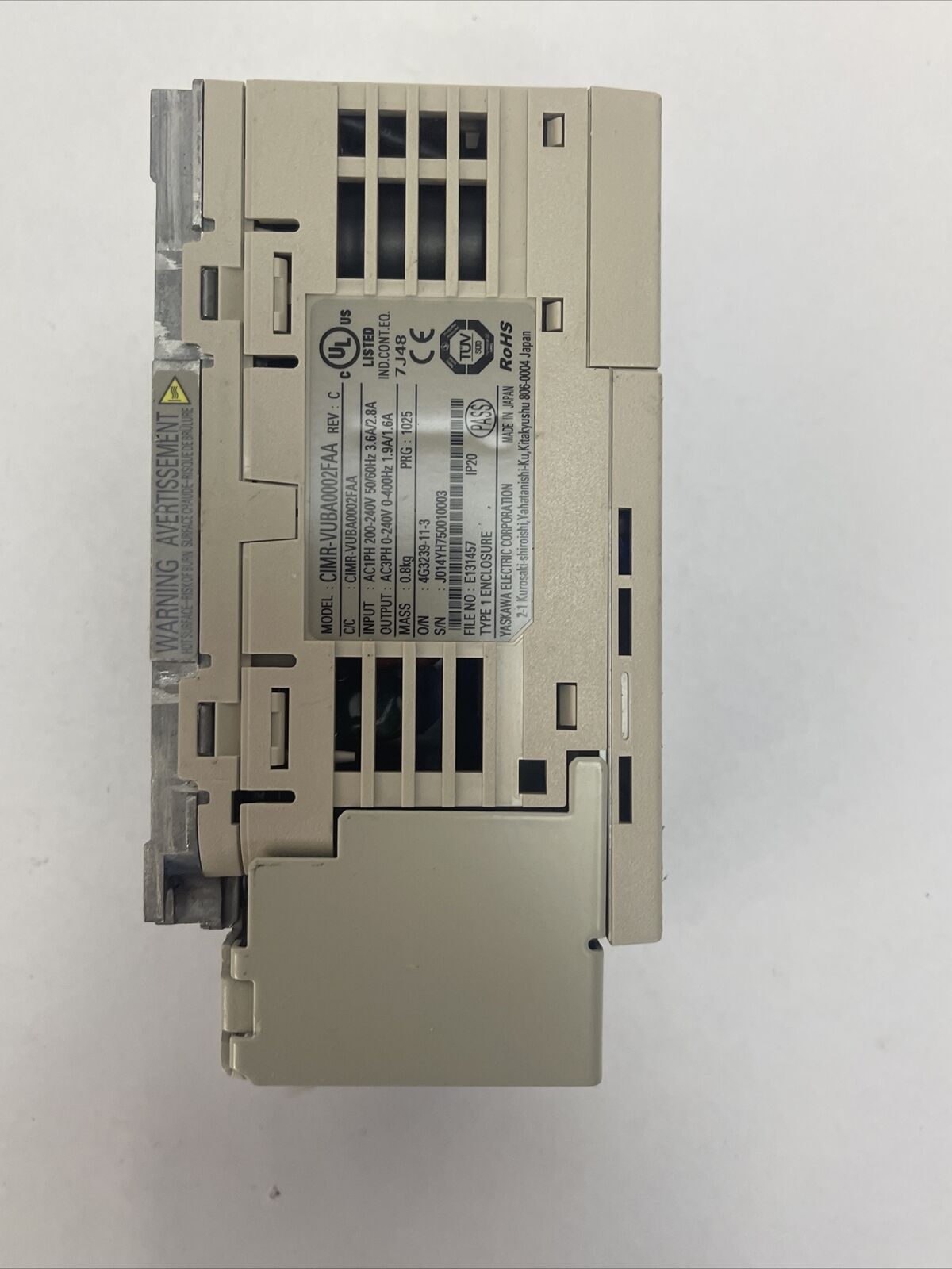 YASKAWA CIMR-VUBA0002FAA AC DRIVE REV C OUTPUT 0-240VAC 1.9/1.6A 0-400HZ INPUT