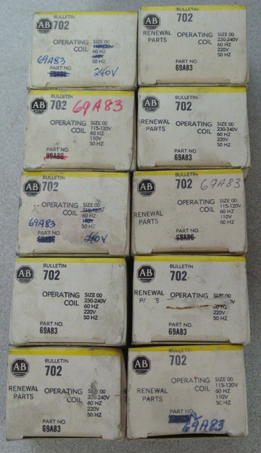 ALLEN-BRADLEY 69A83 COIL SIZE 00 220/50Hz, 230-240V/60Hz NEW SURPLUS LOT of 10