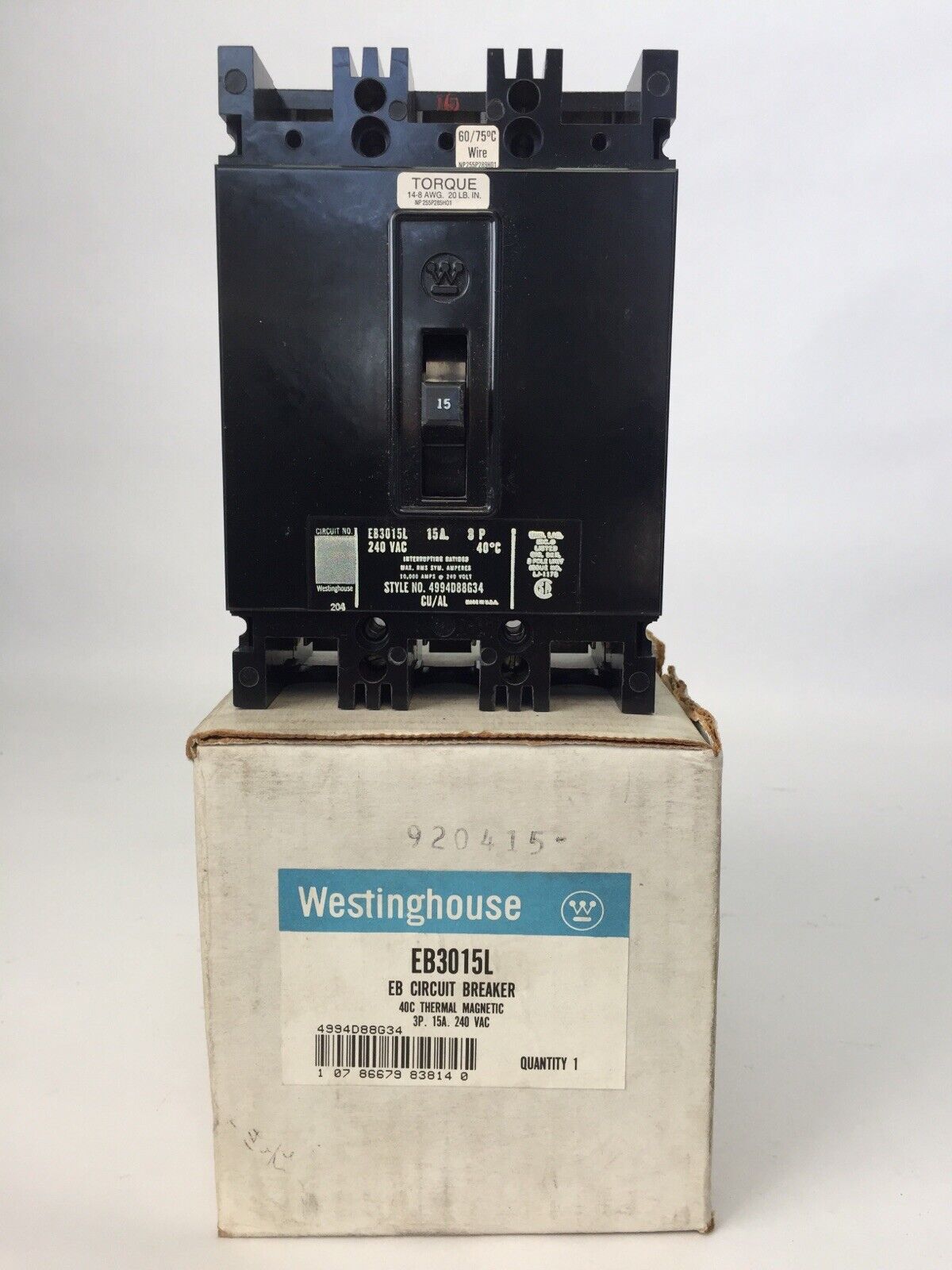 WESTINGHOUSE EB3015L CIRCUIT BREAKER 15AMP 240VAC 3POLE 4994D88G34