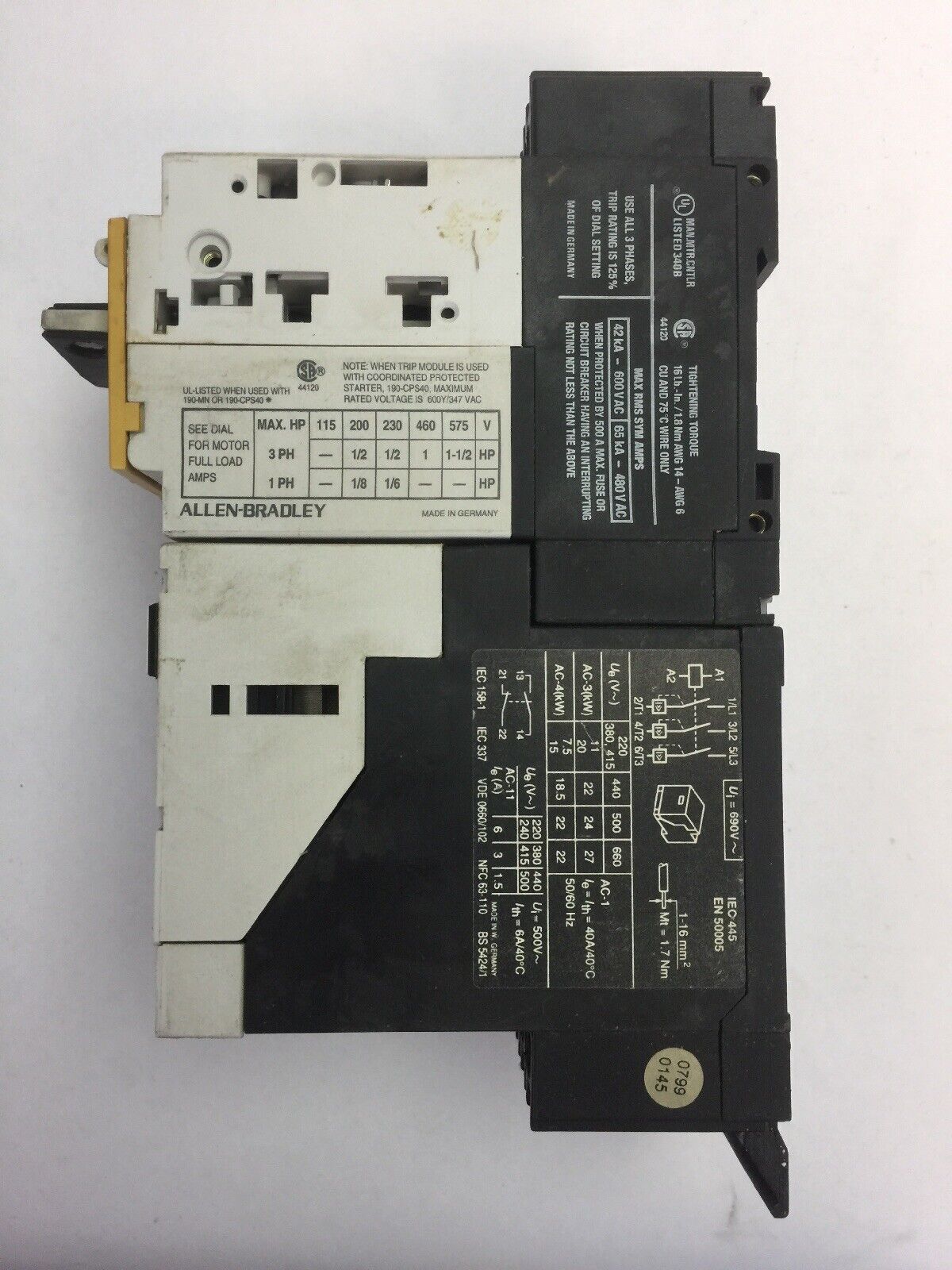 ALLEN BRADLEY MOTOR STARTER 190-P024 SER A 190-MN SER A 190-A40 SER B COIL 120V
