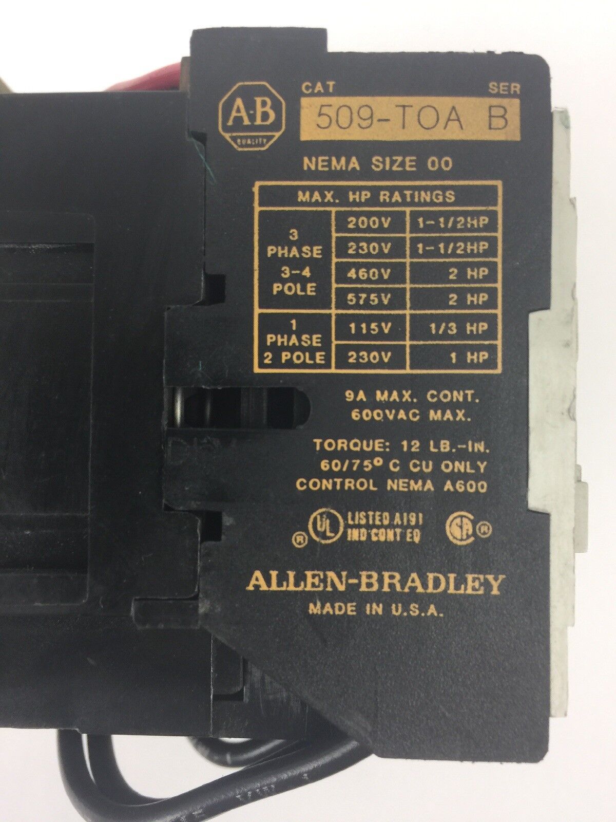 ALLEN BRADLEY 509-TOA STARTER SER B 9A 600VAC COIL 240V 60HZ 220V 50HZ