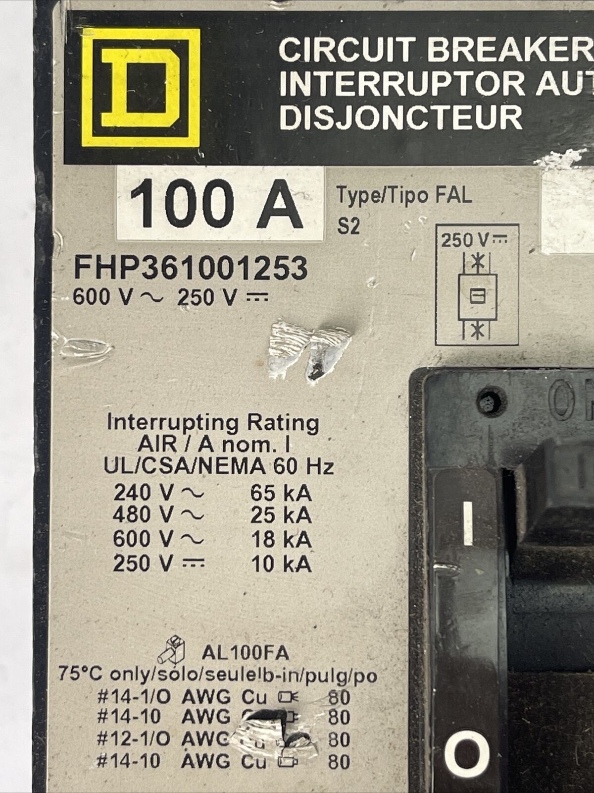SQUARE D FHP361001253 CIRCUIT BREAKER 100AMP 600VAC 250VDC 3POLE