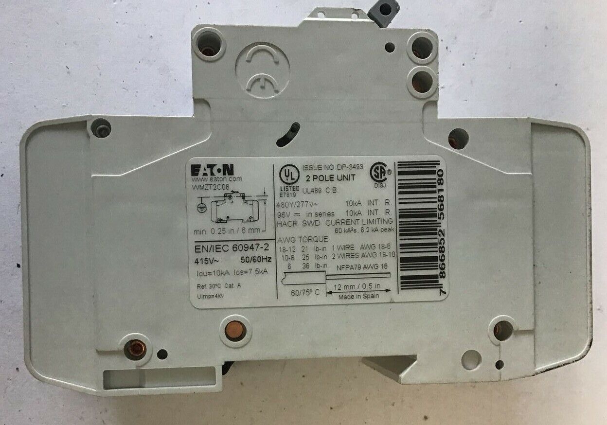 EATON WMZT2C08 CIRCUIT BREAKER 8A 480Y/277VAC 10KA 2POLE 50/60HZ***LOTOF2***
