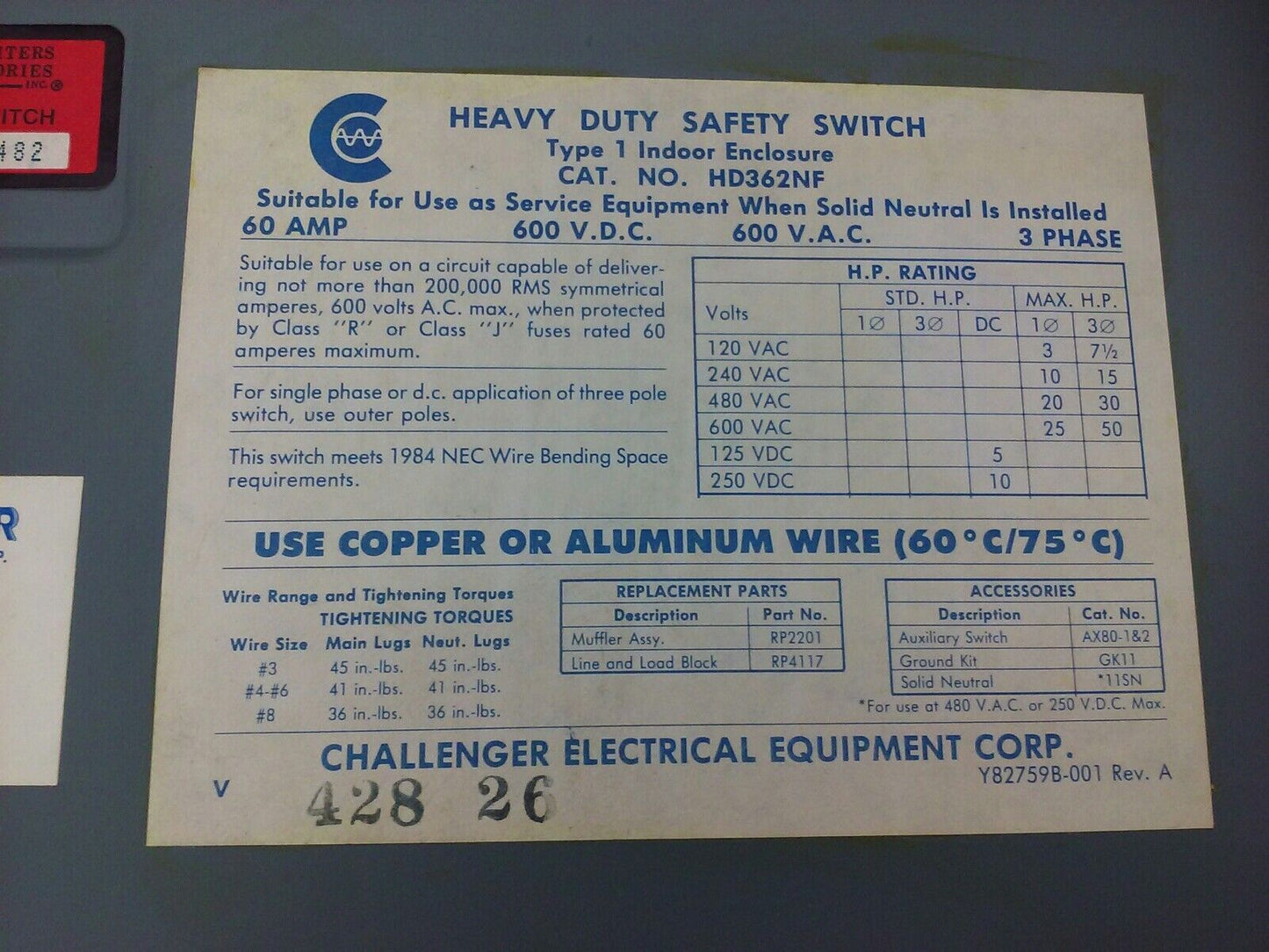 CHALLENGER HD362NF, H.D. SAFETY SWITCH, TYPE 1 INDOOR, 60A, 600V, 3 PHASE, NEW