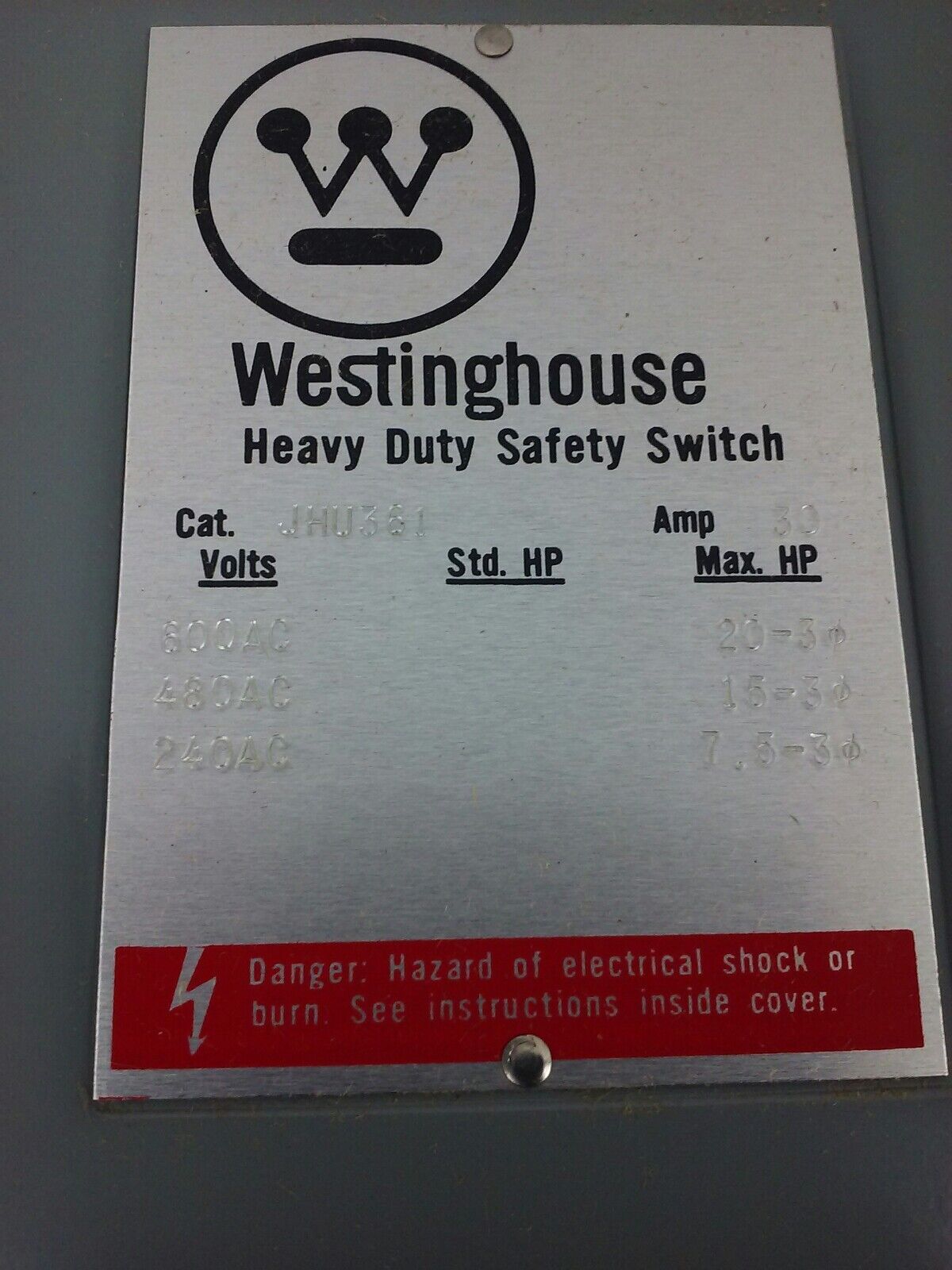 WESTINGHOUSE JHU361 H.D. SAFETY SWITCH NON FUSIBLE, 3PH, 30A, 600V, 20HP NEMA 12
