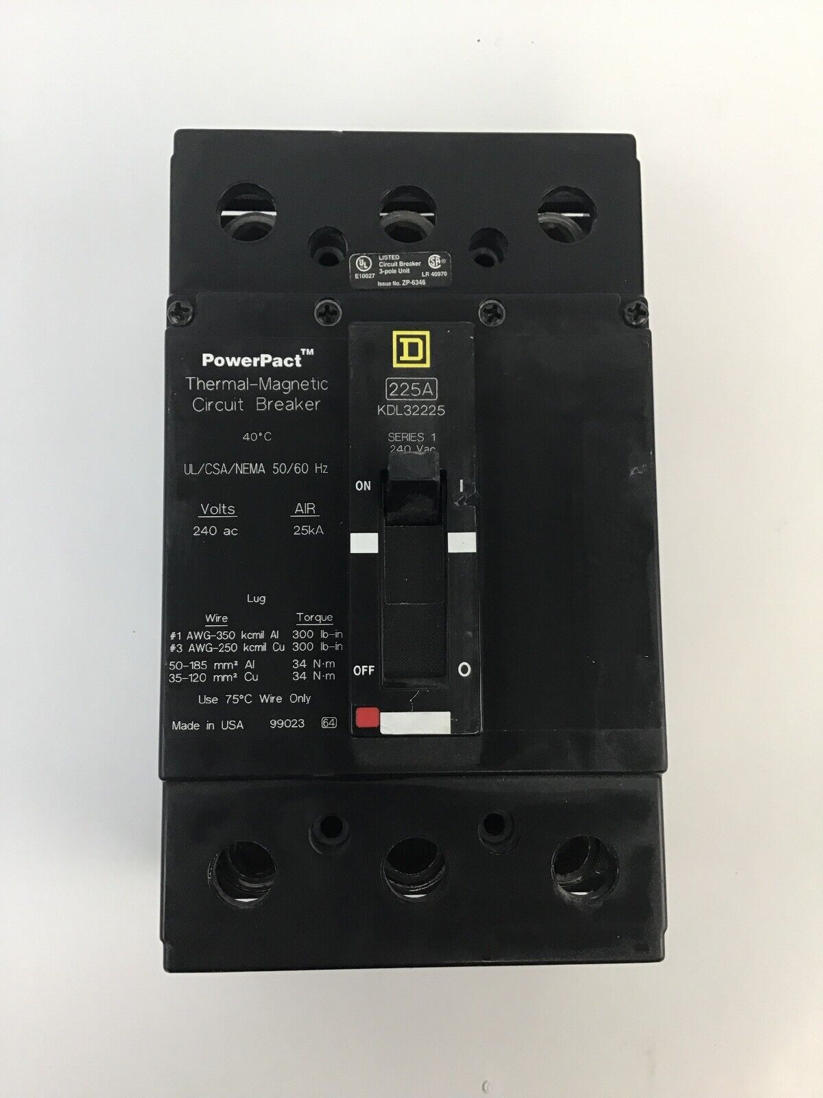 SQUARE D KDL32225 225A 240VAC/25kA SER 1 THERMAL MAGNETIC CIRCUIT BREAKER