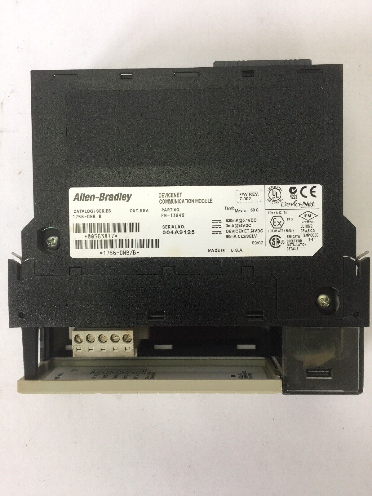 ALLEN BRADLEY 1756-DNB DEVICENET COMMUNICATION MODULE SER B 24VDC F/W REV 7.002