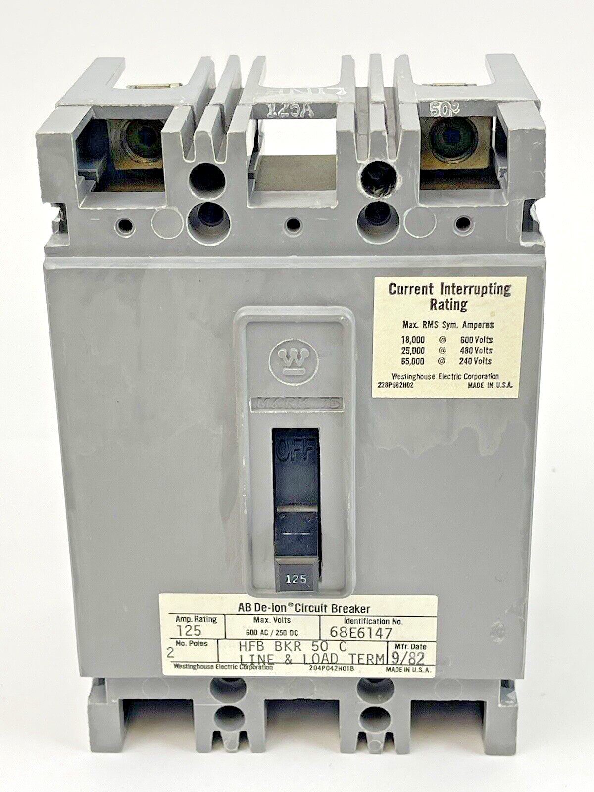 WESTINGHOUSE- HFB2125 - CIRCUIT BREAKER - 2P, 125A, 50C, 600 V AC, 250 V DC