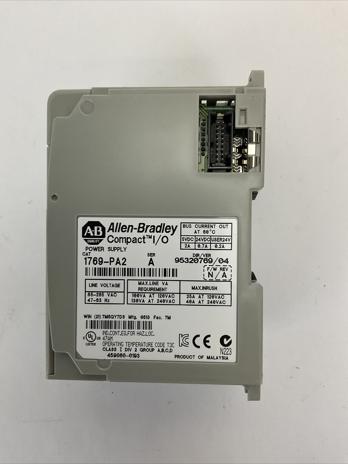 ALLEN BRADLEY 1769-PA2 SER A DIR/VER 95320769/04 F/W REV N/A POWER SUPPLY