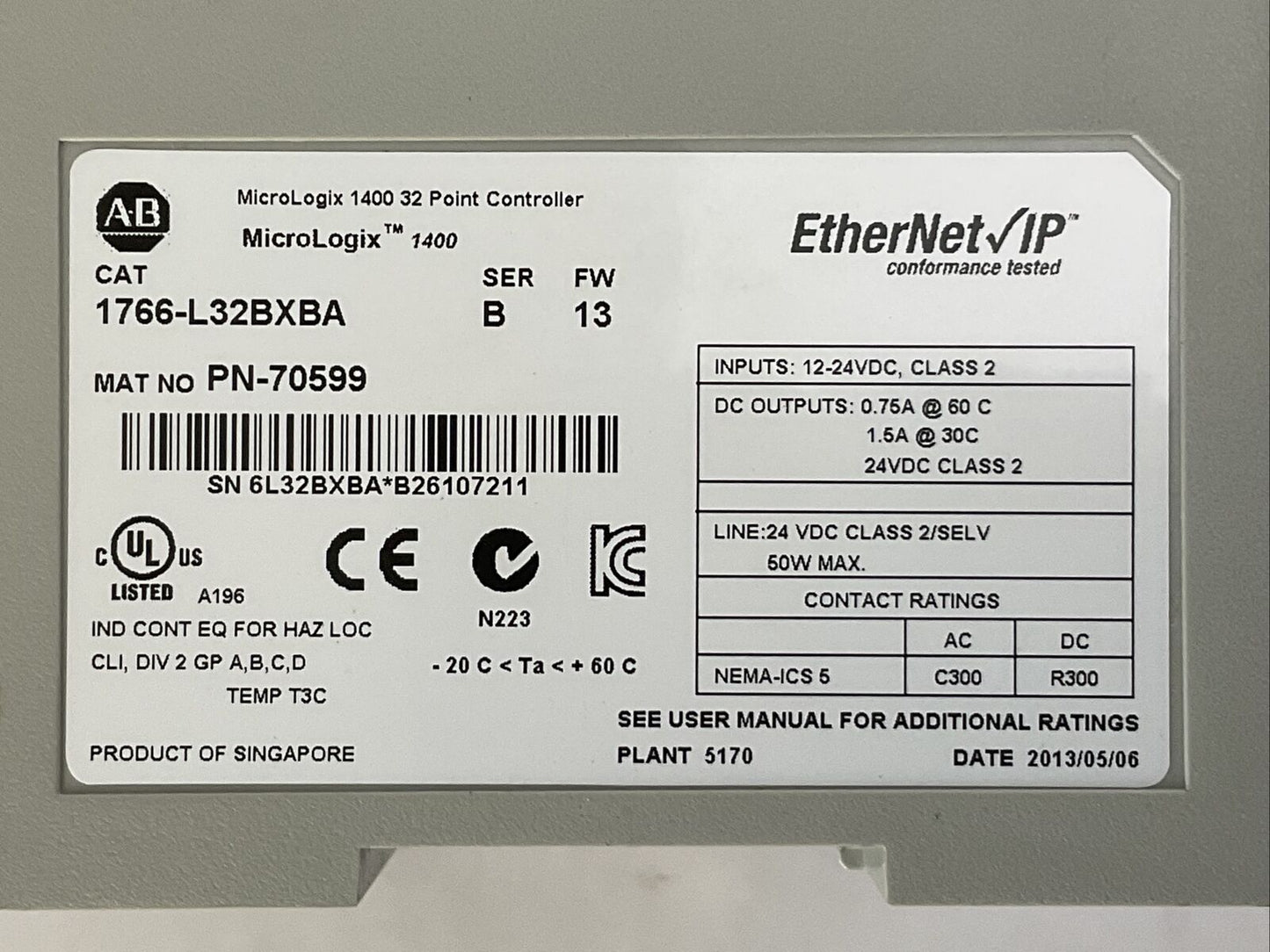 ALLEN BRADLEY 1766-L32BXBA MICROLOGIX 1400 32 POINT CONTROLLER SER B FW 13