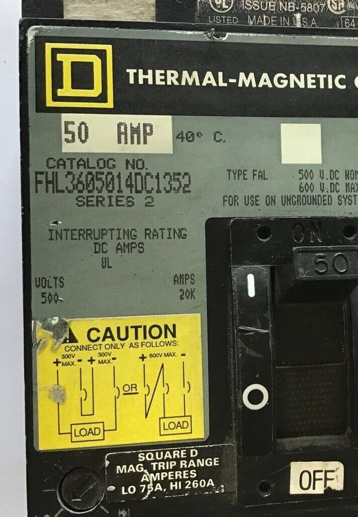 SQUARE D FHL3605014DC1352 CIRCUIT BREAKER 600VDC 50A