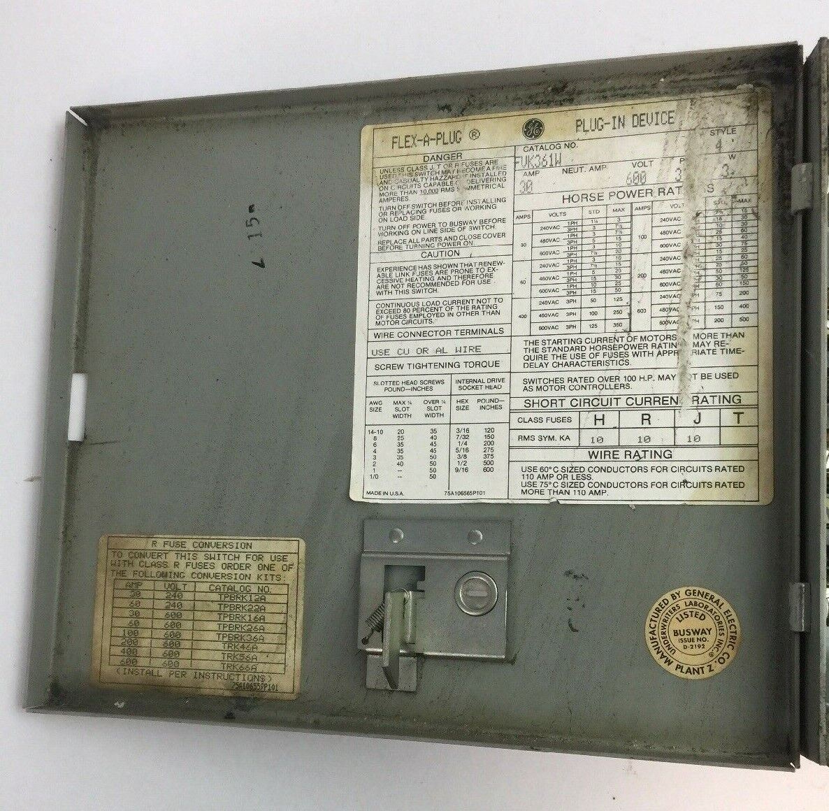GE FVK361W FLEX-A-PLUG PLUG IN DEVICE BUS PLUG 600VAC 30AMP 20HP 3 PHASE 3 POLE