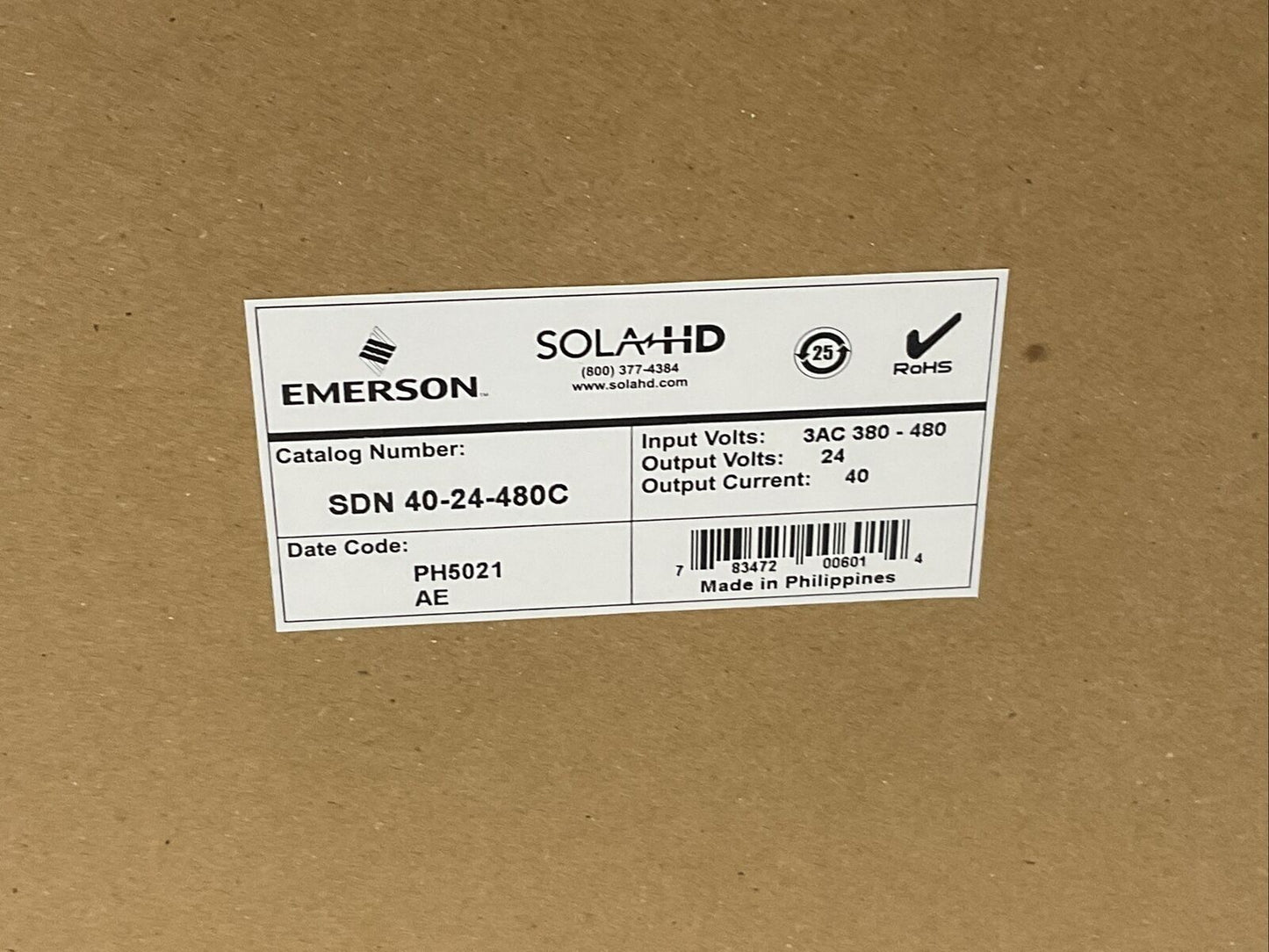 EMERSON SOLA SDN 40-24-480C POWER SUPPLY OUTPUT 24VDC INPUT 380-480VAC