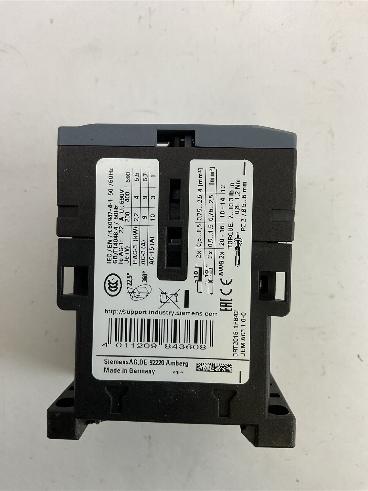 SIEMENS 3RT2016-1FB42 CONTACTOR 20A 600VAC 3PH 7.5HP COIL 24VDC
