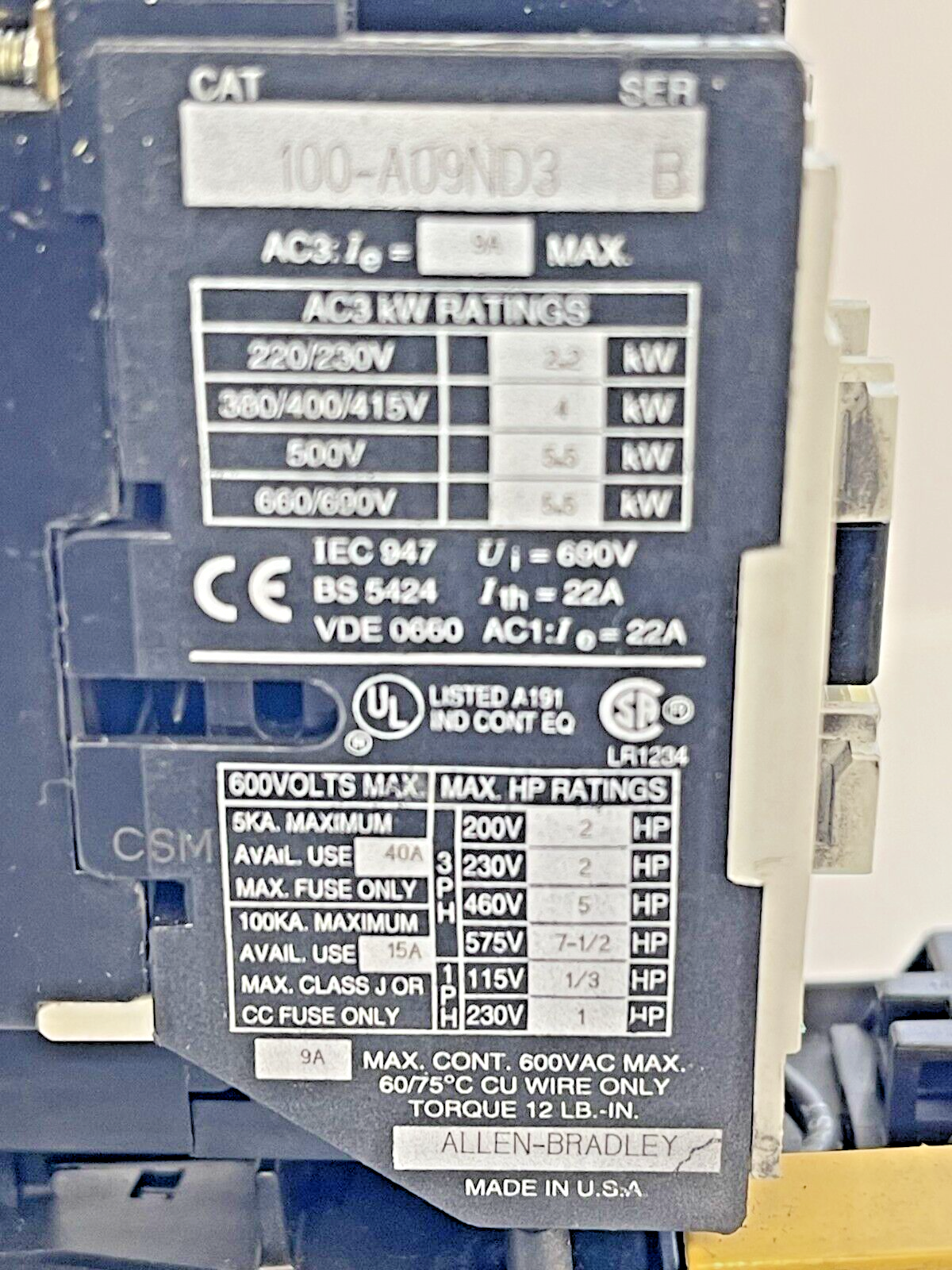 ALLEN BRADLEY - 100-A09ND3 SER. B CONTACTOR & 193-BSB 42 SER. B RELAY