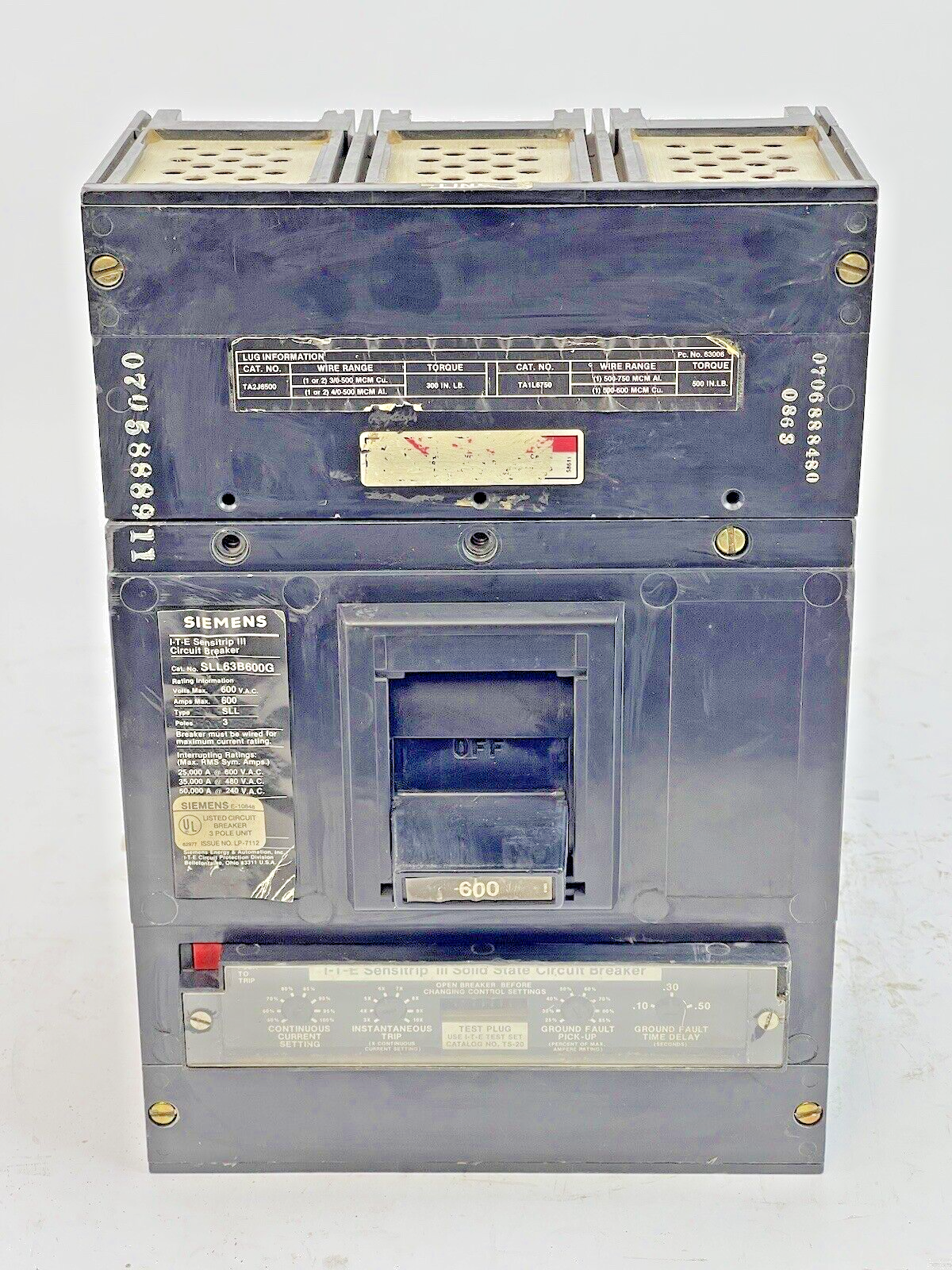SIEMENS - SLL63B600G - CIRCUIT BREAKER -600 AMP, 600 VAC, 3 POLE, ITE SENSITRIP