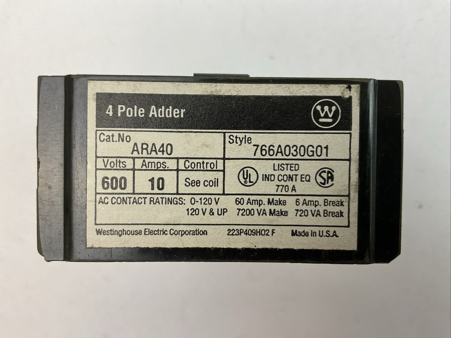 WESTINGHOUSE ARA40 4 POLE ADDER 600VAC 10AMP 766A030G01
