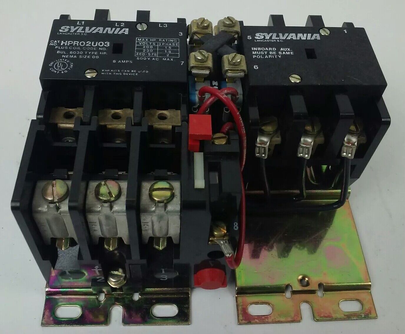 SYLVANIA HPR02U03 TYPE HP REVERSING AC STARTER 3PH 600V 9A SIZE 00 120V COIL