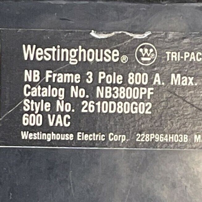 WESTINGHOUSE NB3800PF 600VAC 800A 3P 2610D80G02 MAGNETIC TRIP ADJUSTMENT 400A