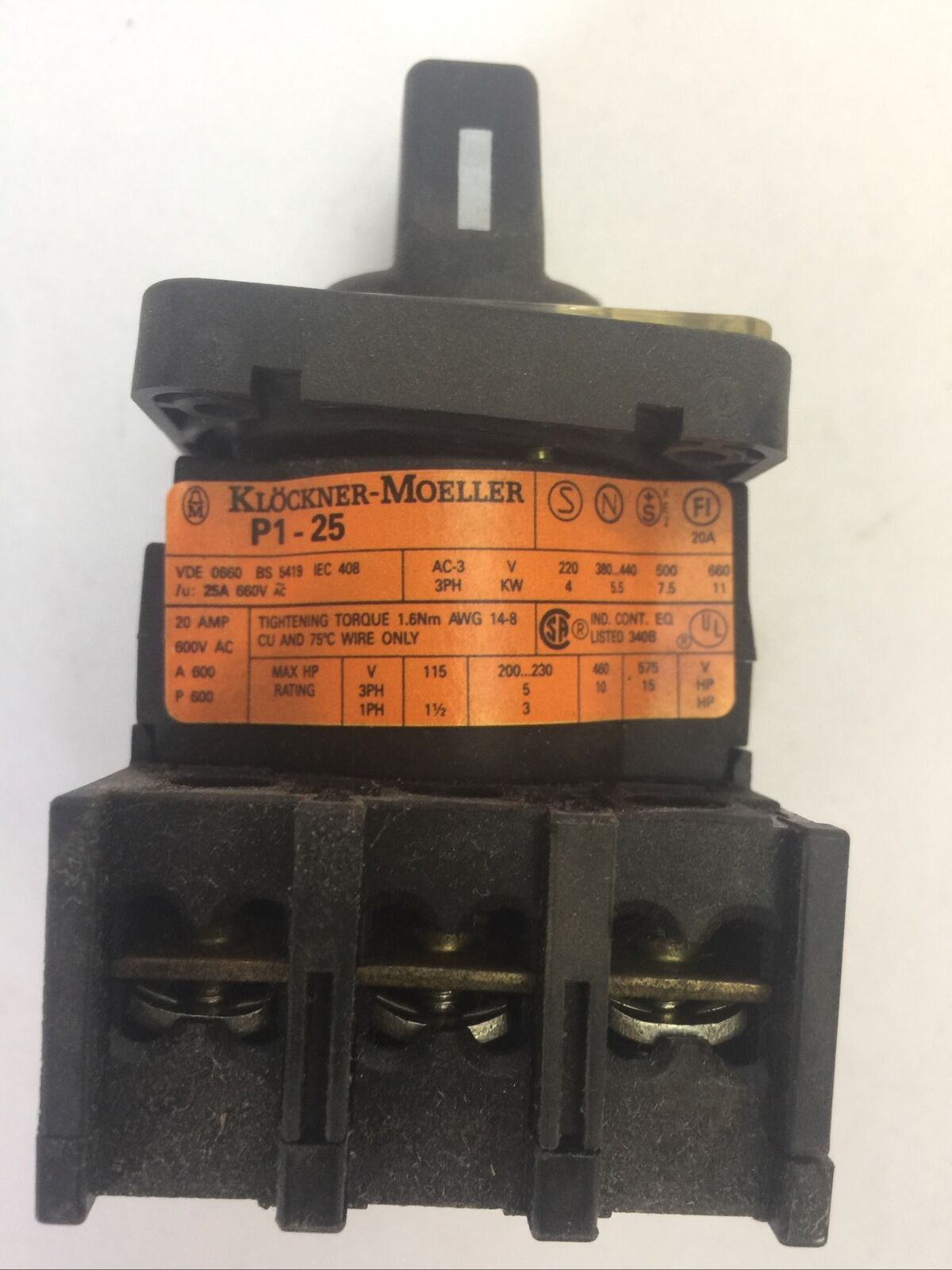 KLOCKNER MOELLER P1-25 ON OFF SWITCH 20A 600VAC 15HP 3PH